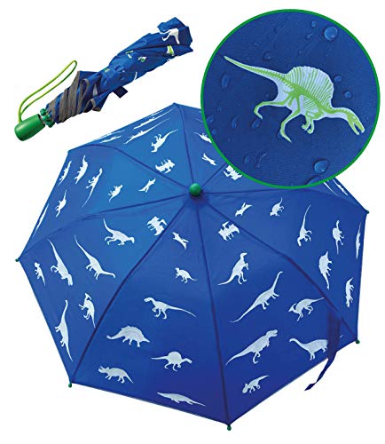 Paraguas con dinosaurios mágicos de HECKBO - Cambia de color si llueve - Plegable: cabe en cualquier mochila - Bandas reflectantes - Mango de madera y tapones protectores - Funda para almacenamiento