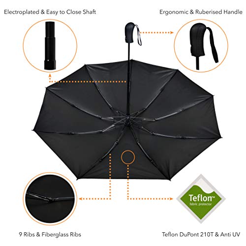 Paraguas Invertido Plegable y Automático con Teflon™ y Protección UV | Paraguas Reversible Antiviento para Mujer y Hombre | Paraguas Negro Vanquisher con Mango Ergonómico y Sistema Cierra Fácil