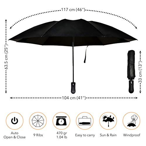 Paraguas Invertido Plegable y Automático con Teflon™ y Protección UV | Paraguas Reversible Antiviento para Mujer y Hombre | Paraguas Negro Vanquisher con Mango Ergonómico y Sistema Cierra Fácil
