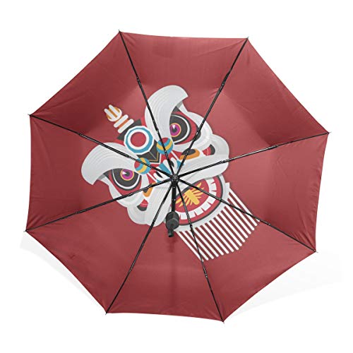 Paraguas Niños Año Nuevo Chino Cabeza de Danza del león Paraguas Plegable Compacto portátil Protección Anti UV Protección a Prueba de Viento Viajes al Aire Libre Paraguas invertido Grande