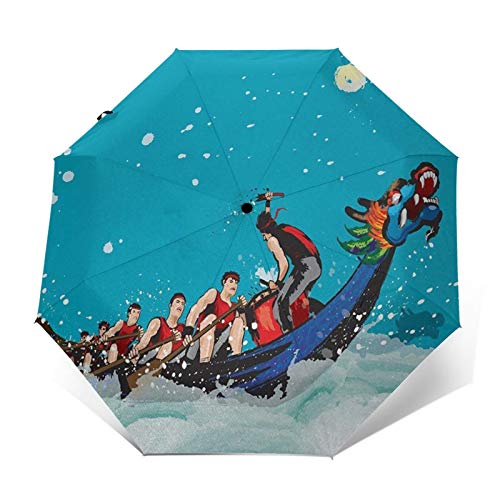 Paraguas Plegable Automático Impermeable Carreras Tradicionales de Botes dragón, Paraguas De Viaje Compacto a Prueba De Viento, Folding Umbrella, Dosel Reforzado, Mango Ergonómico