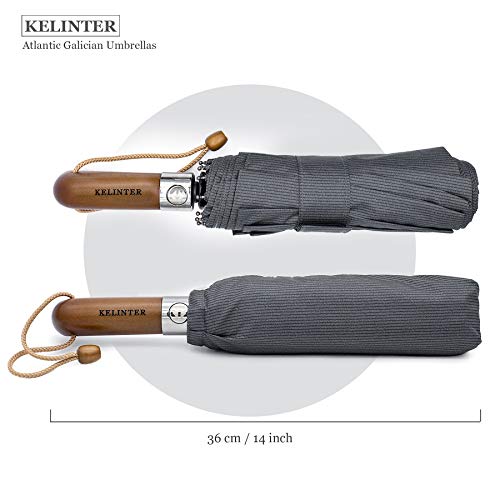 Paraguas Plegable Elegante Resistente al Viento -Automático e Impermeable Botón Único - Mango de Madera Clásico -10 Varillas reforzadas Antioxidantes -para Hombre y Mujeres-Diseñado en Galicia.