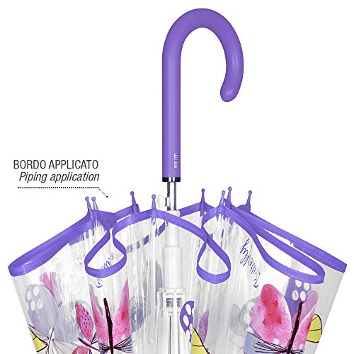 Paraguas Transparente Estampado Mariposas Mujer Antiviento - Paraguas Largo de Burbuja Cupula Campana - Robusto Resistente de Fibra de Vidrio - Automatico - Morado - Diametro 89 cm - Perletti Time