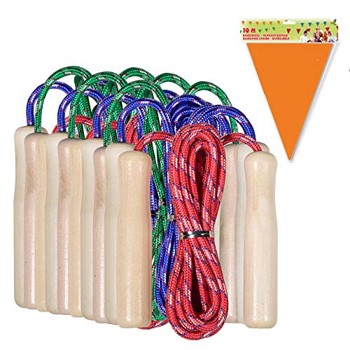 Partituki Pack de 20 Cuerdas para Saltar. Combas con Mango de Madera y una Guirnalda de 10 m. Ideal para Juegos al Aire Libre y Detalles de Cumpleaños Infantiles.