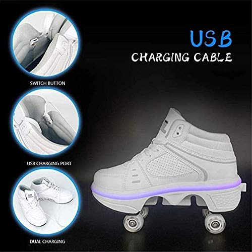 Patín En Línea, Zapatos Multiusos 2 En 1, Botas De Patín De Cuatro Ruedas Ajustables, Zapatos Deformación Multifuncionales Patines Cuatro Ruedas Patines Patinaje Al Aire Libre Para Adultos,White-38