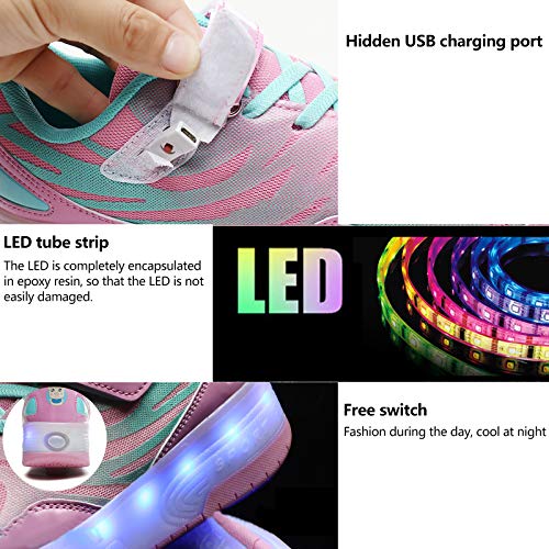 Patines con luz LED intermitente, zapatos de patinaje con doble rueda, carga USB, retráctil, para deportes al aire libre, zapatillas de gimnasia, tenis de patinaje técnico, rosa-28