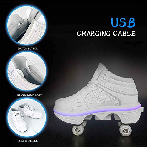 Patines CuáDruples Deformación Ajustables Botas 2 En 1 Multiusos Zapatos Con Ruedas Telescópicas AutomáTicas De Doble Fila Deportes Al Aire Libre Zapatos De Patinaje Técnico,White with light,39