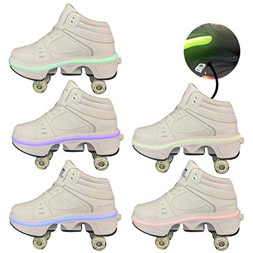 Patines CuáDruples Deformación Ajustables Botas 2 En 1 Multiusos Zapatos Con Ruedas Telescópicas AutomáTicas De Doble Fila Deportes Al Aire Libre Zapatos De Patinaje Técnico,White with light,39