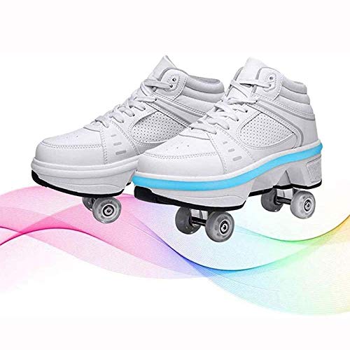 Patines CuáDruples Deformación Ajustables Botas 2 En 1 Multiusos Zapatos Con Ruedas Telescópicas AutomáTicas De Doble Fila Deportes Al Aire Libre Zapatos De Patinaje Técnico,White with light,39