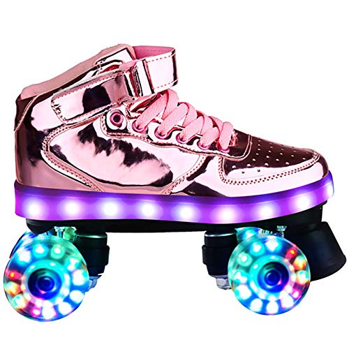 Patines De Ruedas Recargables con Luz LED, 4 Ruedas Intermitentes, Patines De Doble Fila De Red, Patinaje sobre Ruedas Retro, Zapatos para Caminar Resistentes para Niñas Y Niños,Rosado,34