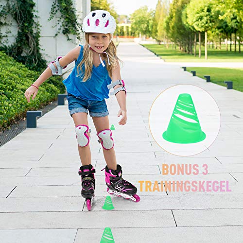 Patines en línea para niños y niñas, ajustables, con luz, ruedas de poliuretano, triple protección, regalo para niños, color rosa, M Patines en línea para niños y niñas, ajustables, con luz, ruedas de poliuretano, triple protección, regalo para niños, color rosa, M