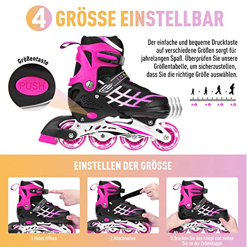 Patines en línea para niños y niñas, ajustables, con luz, ruedas de poliuretano, triple protección, regalo para niños, color rosa, M