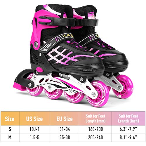 Patines en línea para niños y niñas, ajustables, con luz, ruedas de poliuretano, triple protección, regalo para niños, color rosa, M