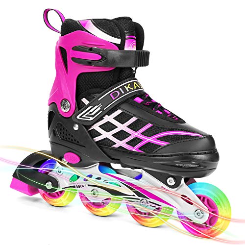 Patines en línea para niños y niñas, ajustables, con luz, ruedas de poliuretano, triple protección, regalo para niños, color rosa, M