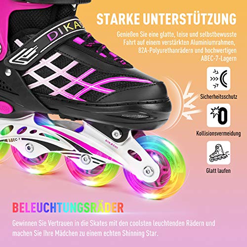 Patines en línea para niños y niñas, ajustables, con luz, ruedas de poliuretano, triple protección, regalo para niños, color rosa, M