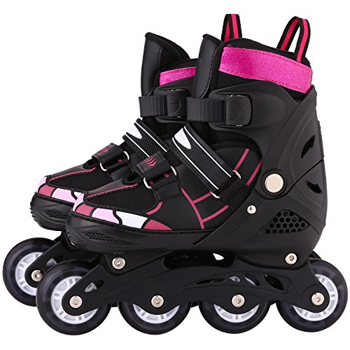 Patines en línea para niños y niñas, diseño de lona ajustable con ruedas de poliuretano luminosas, triple protección, color rosa 2, talla 39-42