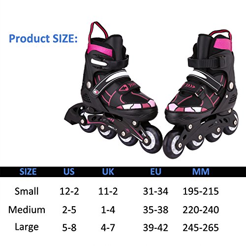 Patines en línea para niños y niñas, diseño de lona ajustable con ruedas de poliuretano luminosas, triple protección, color rosa 2, talla 39-42