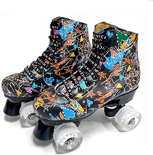 Patines para niños Patines de rodillos para mujeres y hombres, Roller de patinaje de 4 ruedas clásicas, patines de doble fila Patines de doble fila de cuero para interiores y exteriores Unisex, adulto