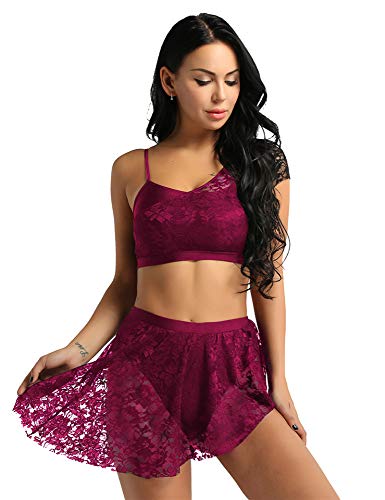 PATNICK Traje De Baile Lírico Contemporáneo Asimétrico De Encaje para Mujer Gimnasia para Adultos Crop Top Ballet Falda De Tutú Conjunto De Baile Bailarina,Burgundy-M