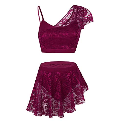 PATNICK Traje De Baile Lírico Contemporáneo Asimétrico De Encaje para Mujer Gimnasia para Adultos Crop Top Ballet Falda De Tutú Conjunto De Baile Bailarina,Burgundy-M