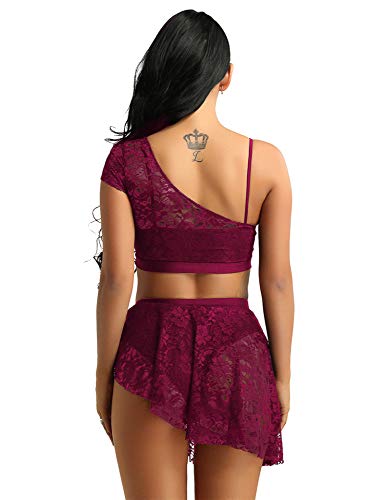 PATNICK Traje De Baile Lírico Contemporáneo Asimétrico De Encaje para Mujer Gimnasia para Adultos Crop Top Ballet Falda De Tutú Conjunto De Baile Bailarina,Burgundy-M