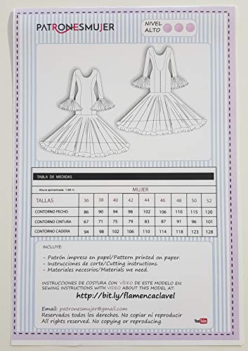 Patrón de costura vestido flamenca Clavel para hacerlo tú misma. Tutorial en vídeo para ayudarte a realizarlo. Talla 36 a la 52. Patrón multitalla en papel.