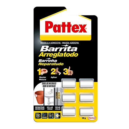 Pattex Barrita arreglatodo, masilla adhesiva sella, pega, monodosis 6 x 5 gr Pattex Barrita arreglatodo, masilla adhesiva sella, pega, monodosis 6 x 5 gr