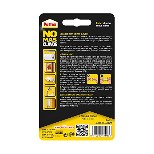 Pattex No Más Clavos Cinta, cinta adhesiva para aplicaciones permanentes, cinta de doble cara extrafuerte, adhesivo de montaje para interior y exterior, 19 mm x 1,5 m Pattex No Más Clavos Cinta, cinta adhesiva para aplicaciones permanentes, cinta de doble cara extrafuerte, adhesivo de montaje para interior y exterior, 19 mm x 1,5 m
