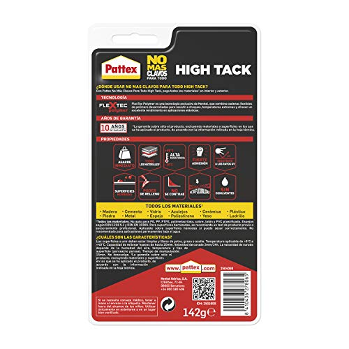 Pattex No Mas Clavos Para Todo HighTack Adhesivo de montaje resistente a temperaturas extremas, pegamento fuerte en superficies húmedas, Blanco, 1 tubo x 142 g Pattex No Mas Clavos Para Todo HighTack Adhesivo de montaje resistente a temperaturas extremas, pegamento fuerte en superficies húmedas, Blanco, 1 tubo x 142 g