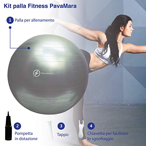 PavaMara fitball - Pelota de fitness pilates de 55/65/75 cm – Balón de gimnasia en el gimnasio en casa – Fisioterapia espalda (gris, 65 cm)