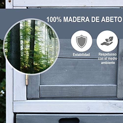 Pawhut Conejera de Exterior Hecha de Madera Jaula para Conejos con Múltiples Entradas Bandeja Extraíble y Lavable Gran Espacio Interior Color Gris Techo Verde 150x52.5x68cm