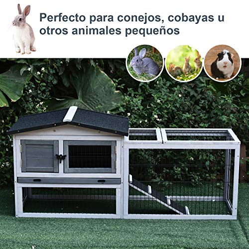 Pawhut Conejera de Exterior Hecha de Madera Jaula para Conejos con Múltiples Entradas Bandeja Extraíble y Lavable Gran Espacio Interior Color Gris Techo Verde 150x52.5x68cm