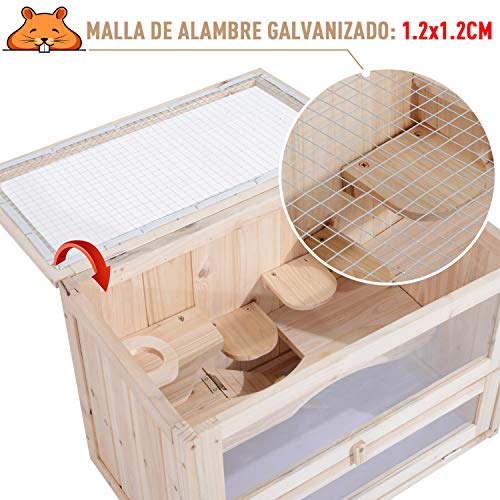 Pawhut Jaula Madera para Hámster Ratoncillos Roedores Casa para Animales Pequeños 2 Niveles 60x35x42cm