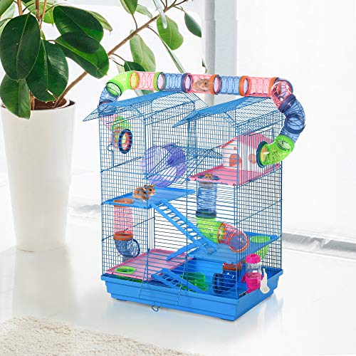 Pawhut Jaula para Hámster Hábitat para Animales Pequeños de Múltiples Niveles con 4 Plataformas Bebedero Rueda de Ejercicio Escaleras Sistema de Tubos 47x30x59 cm Azul