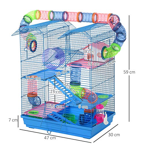 Pawhut Jaula para Hámster Hábitat para Animales Pequeños de Múltiples Niveles con 4 Plataformas Bebedero Rueda de Ejercicio Escaleras Sistema de Tubos 47x30x59 cm Azul