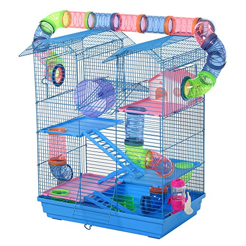 Pawhut Jaula para Hámster Hábitat para Animales Pequeños de Múltiples Niveles con 4 Plataformas Bebedero Rueda de Ejercicio Escaleras Sistema de Tubos 47x30x59 cm Azul