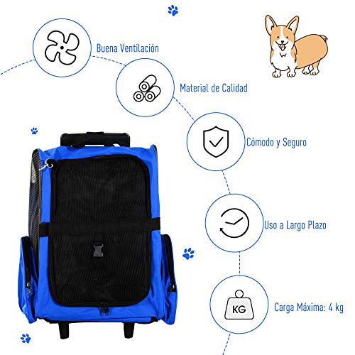 PawHut Transportin Carrito Perro 2 en 1 Mochila Carrito 36x30x49 cm Mascotas Perro Gato Azul