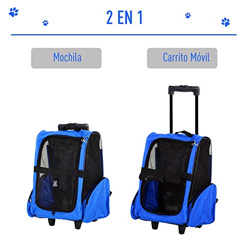 PawHut Transportin Carrito Perro 2 en 1 Mochila Carrito 36x30x49 cm Mascotas Perro Gato Azul