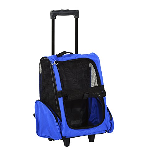 PawHut Transportin Carrito Perro 2 en 1 Mochila Carrito 36x30x49 cm Mascotas Perro Gato Azul