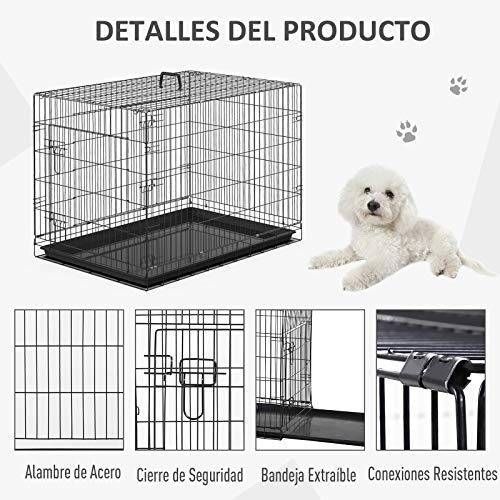 PawHut Transportin Jaula Transporte Perro Alambre 5 Medidas 2 Colores Opcional (91x61x67CM, Negro)