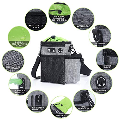 Pecute Bolsa de Entrenamiento para Perros Impermeable con Bolsa para Botella de Agua, Ajustable Bandolera, Cinturón y Pinza de Cinturón, con Tazón Plegable, Clickers de Entrenamiento y Bolsa Caca Gris