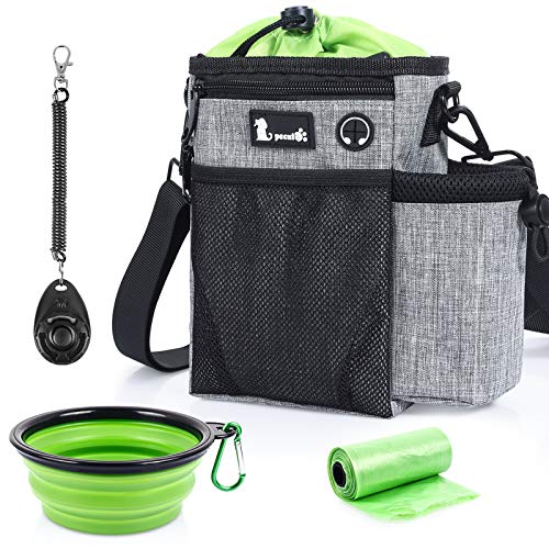 Pecute Bolsa de Entrenamiento para Perros Impermeable con Bolsa para Botella de Agua, Ajustable Bandolera, Cinturón y Pinza de Cinturón, con Tazón Plegable, Clickers de Entrenamiento y Bolsa Caca Gris