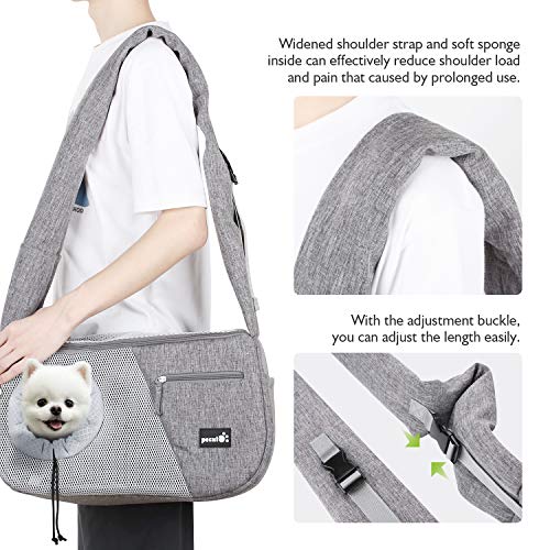 Pecute Bolso Perro Pequeño Bolsa Bandolera de Transporte de Gatos, Correa de Hombro cómoda Acolchada Ajustable con Bolsill, con Cuerda de Seguridad Anti-caida, Cachorros Menos de 6kg(Gris)