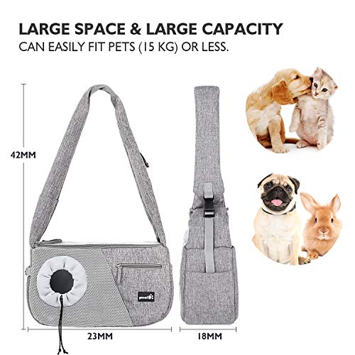 Pecute Bolso Perro Pequeño Bolsa Bandolera de Transporte de Gatos, Correa de Hombro cómoda Acolchada Ajustable con Bolsill, con Cuerda de Seguridad Anti-caida, Cachorros Menos de 6kg(Gris)