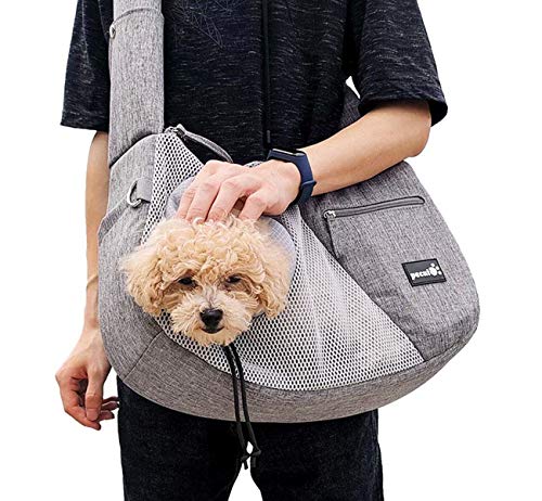 Pecute Bolso Perro Pequeño Bolsa Bandolera de Transporte de Gatos, Correa de Hombro cómoda Acolchada Ajustable con Bolsill, con Cuerda de Seguridad Anti-caida, Cachorros Menos de 6kg(Gris)