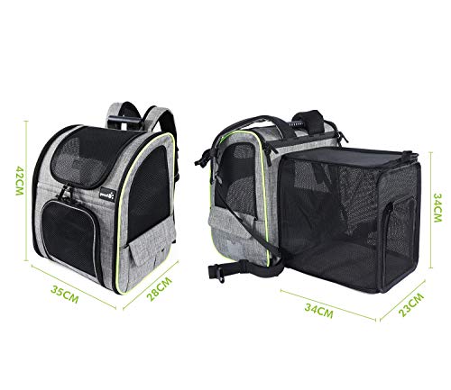 Pecute Transportin Gato Mochilas para Gatos y Perro Bolsa para Mascotas Expandible y Plegable, Carga Máxima 15 kg, para Viajar en Tren/automóvil/Restaurante/avión, Gris (Gris, Ventana Transparente)