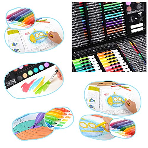 PEDY 164 pcs Maletín de Lápices de Colores, Estuche de Pintruas para Niños, Incluye Crayones de Cera, Acuarelas, Lápices de dibujo, Pasteles, Rotuladores, Gomas de Borrar, Libro para Dibujar