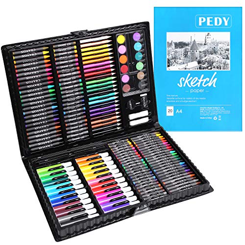 PEDY 164 pcs Maletín de Lápices de Colores, Estuche de Pintruas para Niños, Incluye Crayones de Cera, Acuarelas, Lápices de dibujo, Pasteles, Rotuladores, Gomas de Borrar, Libro para Dibujar