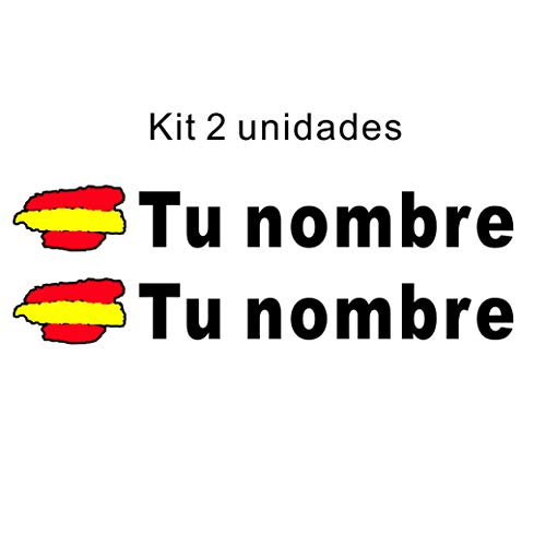 Pegatina vinilo bandera de españa + nombre personalizado, kit 2 unidades, para coche, moto, casco, monopatin, libreta