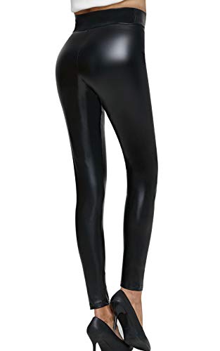 Pelisy Leggings Cuero Mujer Negro Elásticos Skinny Sexy Sintetico PU Imitacion Pantalones Cintura Media